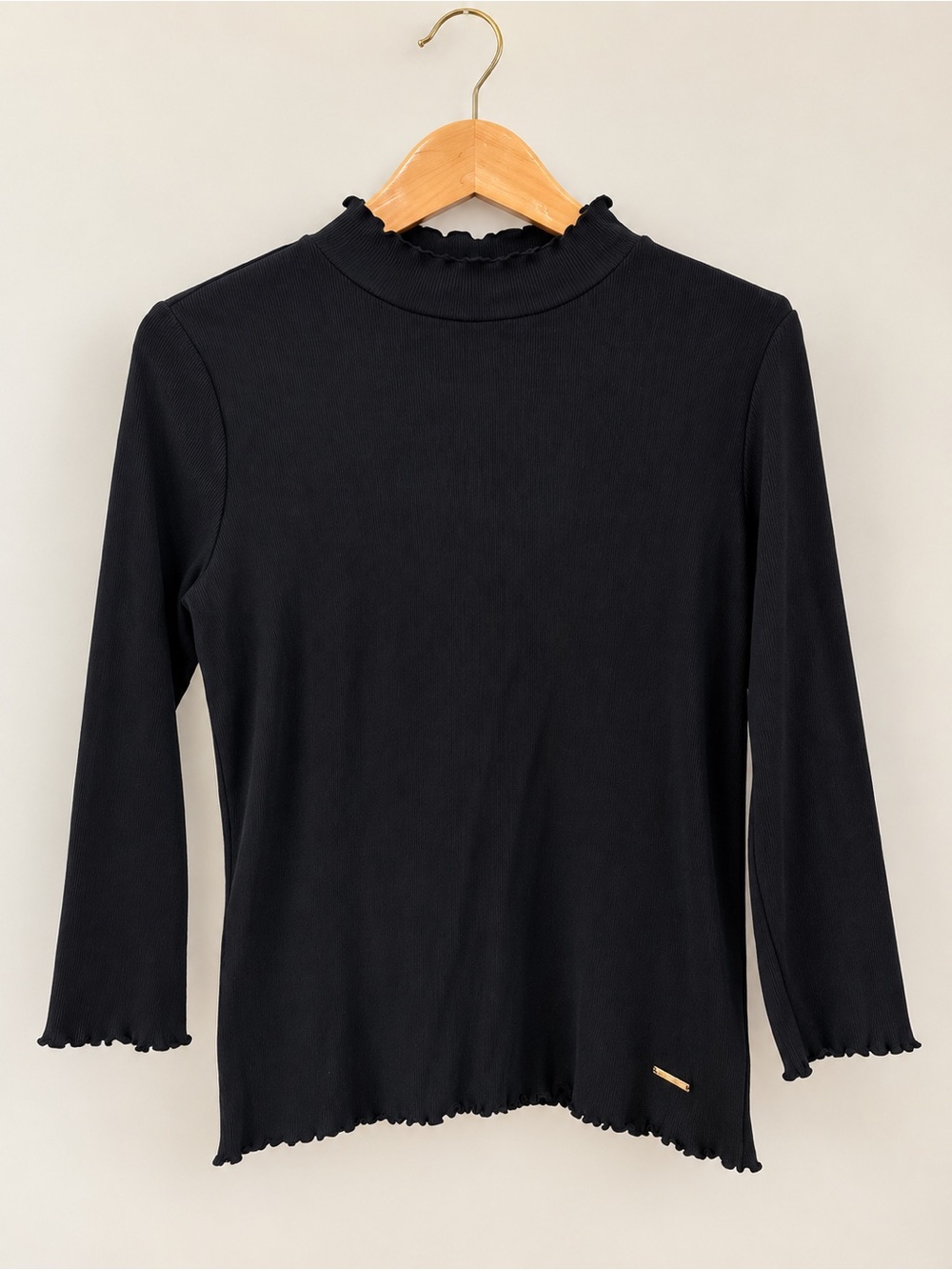 Anne Klein Sport Black Ruffle-Trim Mock Neck Long Sleeve Top